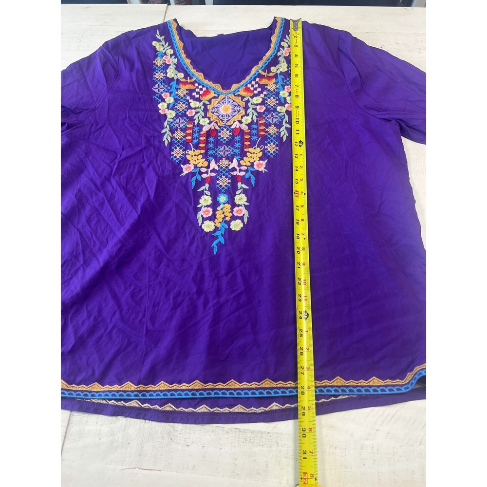 Purple Embroidered Boho Tunic Top V-Neck Floral 3/4 Sleeve Blouse Plus Size 2XL - Picture 5 of 7